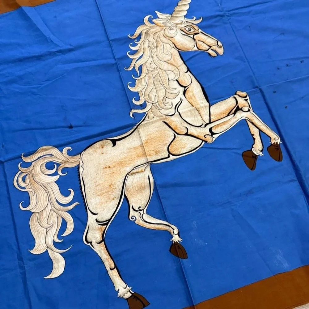 Vintage 1980 Signed VIPULA Batik Fabric Panel Tapestry Wall Art Mythical Unicorn
